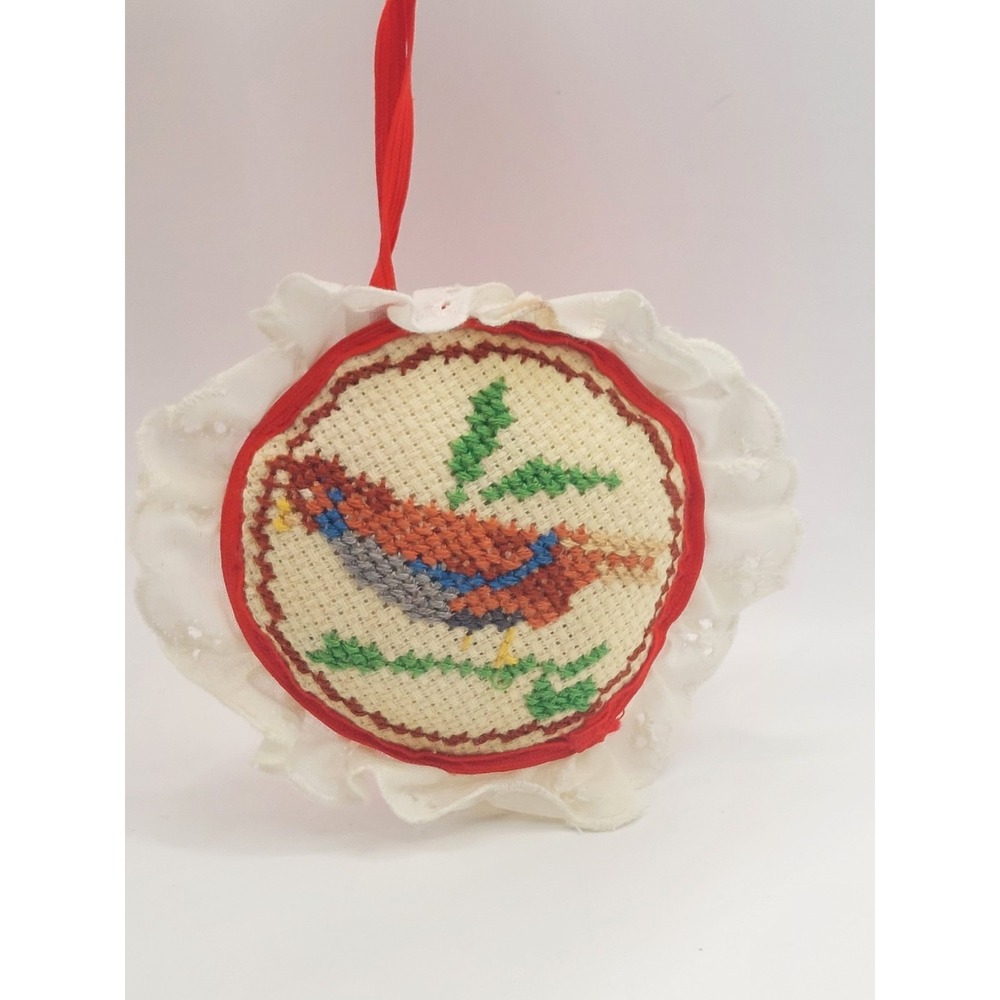 Cross Stitch Christmas Ornament Bird Handmade Embroidered Vintage Lace Folk Art